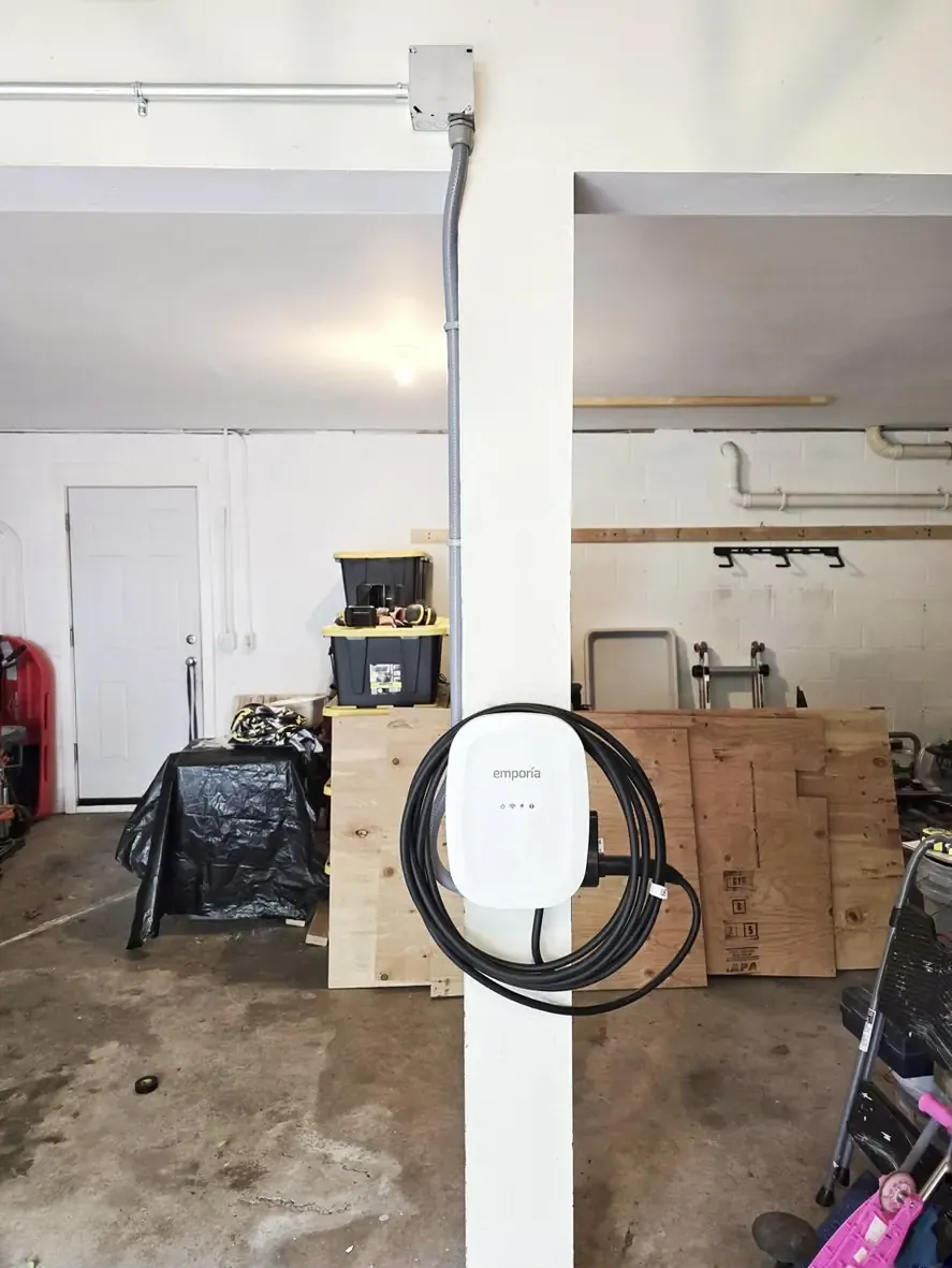 Finished Emporia EV charger mounted on post in Park Forest, State College garage