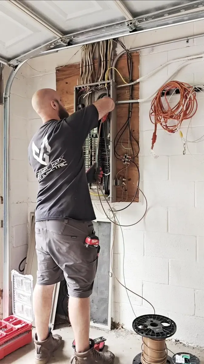 Steel Fox electrician working in Cutler-Hammer panel during Emporia EV charger install in Park Forest