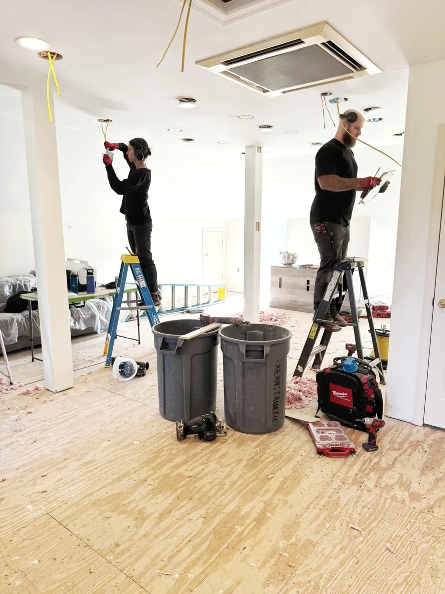 Steel Fox EV & Electric wiring recessed lighting during a Central PA remodel