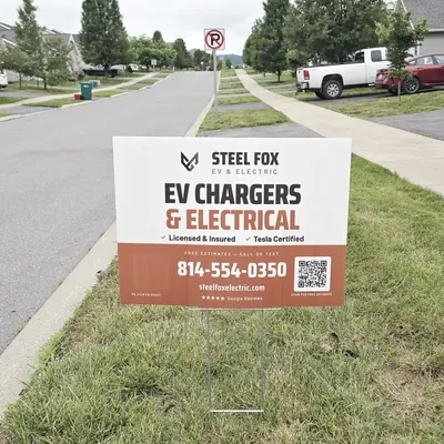 Steel Fox EV & Electric yard sign at the Bellefonte install · Steel Fox EV & Electric, Central PA
